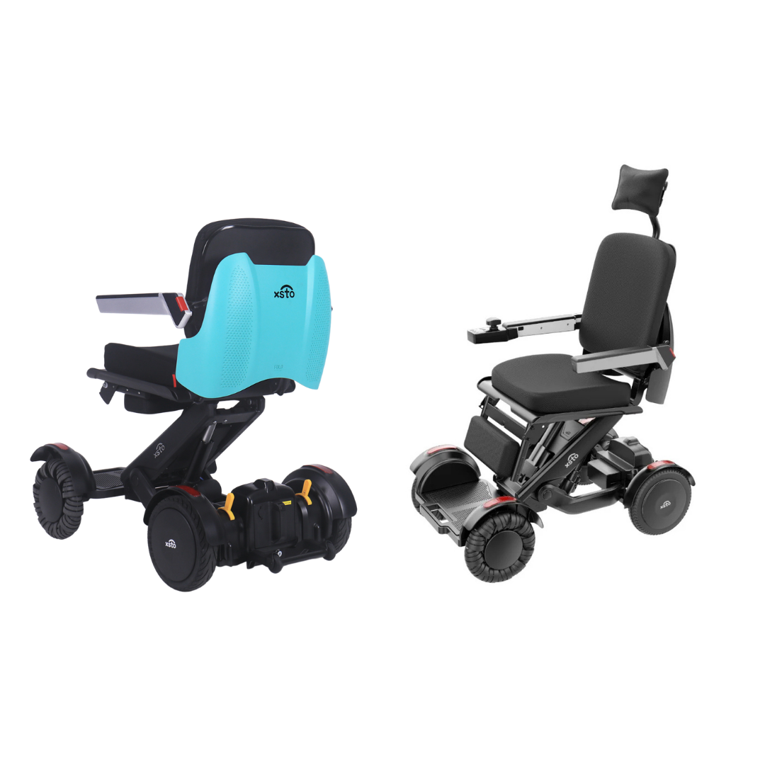 The XSTO Mobility M4 Self-Balancing Powerchair with APP Control is shown in turquoise and black versions, both featuring innovative, compact designs—ideal as lightweight, foldable wheelchairs for travel mobility.